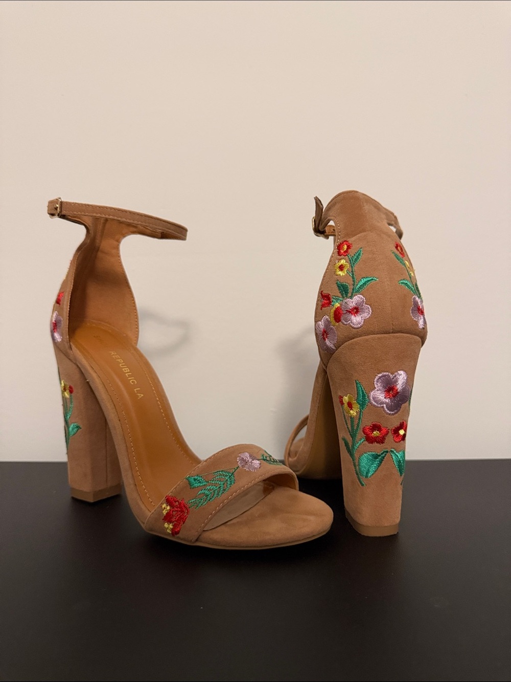 Shoe Republic LA Tan Floral Embroidered Block Heels